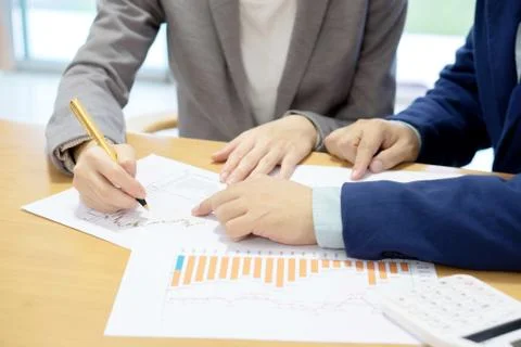 Young consultant analyzing data with her client Foto stock
