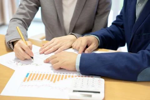 Young consultant analyzing data with her client Stock Photos