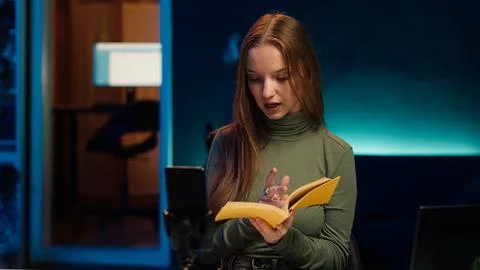 Young content creator films video review of book, browsing through pages Stock Photos