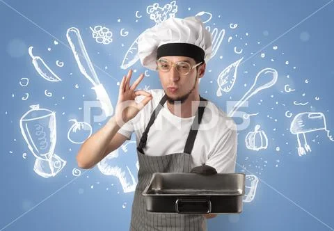 Young cook with chalk drawn soup recipe concept Stock Photos