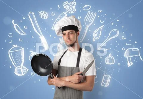 Young cook with chalk drawn soup recipe concept Stock Photos