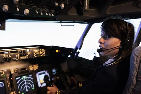 Young copilot using power switch on dashboard to fly aircraft jet Foto stock