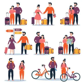 Young cople with bicycle, map bag ready for travel Stock Illustration