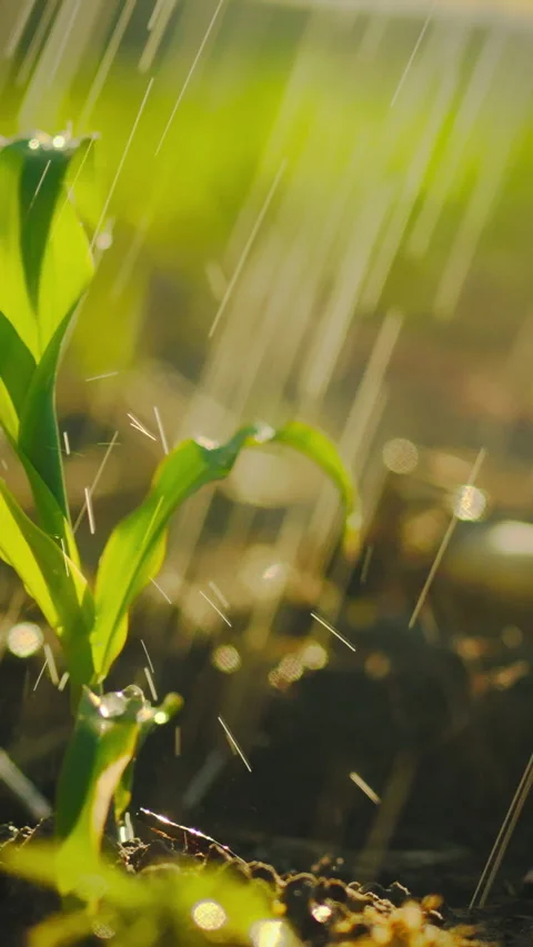 Young corn stalk being nourished by rain on a vibrant plantation field in br Stock Footage 331740554