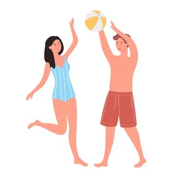 Young couple active playing with beach ball 库存插图
