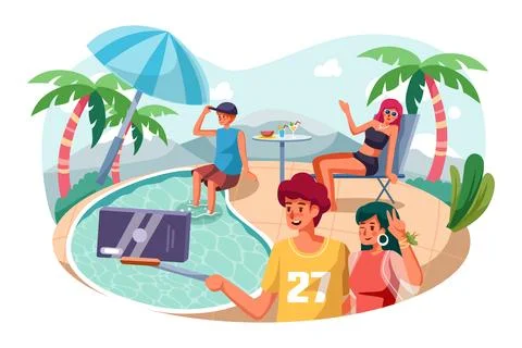 Young couple are making selfie while having fun in pool Stock Illustration