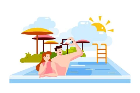 Young couple are making selfie while having fun in pool Stock Illustration