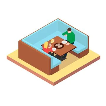 A young couple are sitting at a table and eating pizza. Stock Illustration