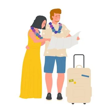 Young couple with baggage and map on tropical holiday Ilustração Stock