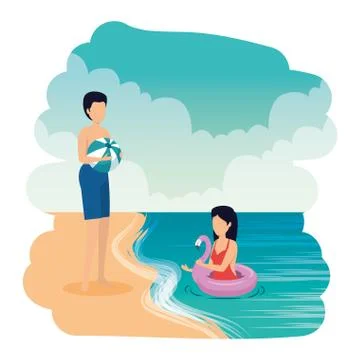Young couple with balloon and float on the beach Stock Illustration