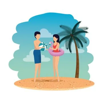 Young couple with balloon and float on the beach イラスト素材