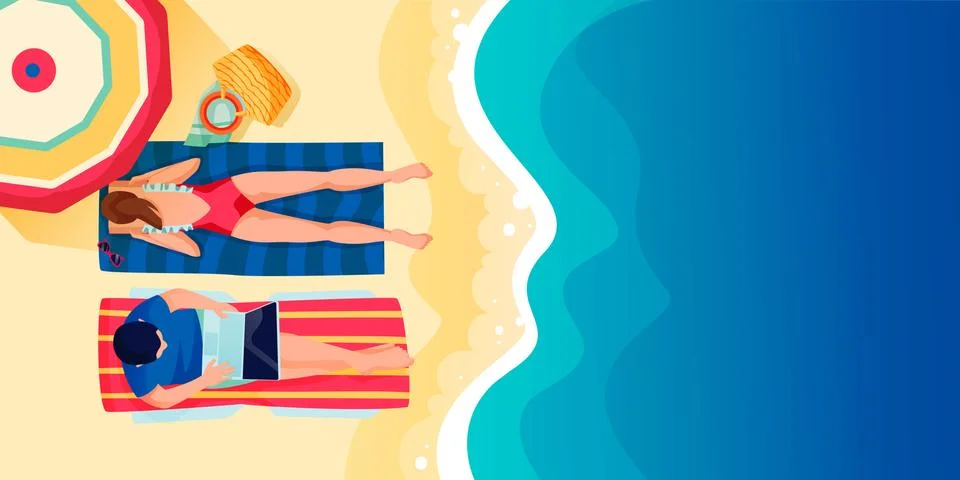 Young couple on beach, vector flat cartoon top view illustration. Summer holi Stock Illustration