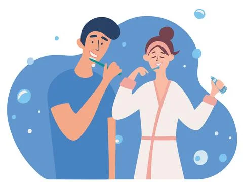 Young Couple brushing teeth together. Boyfriend and girlfriend in bathroom to Stock Illustration