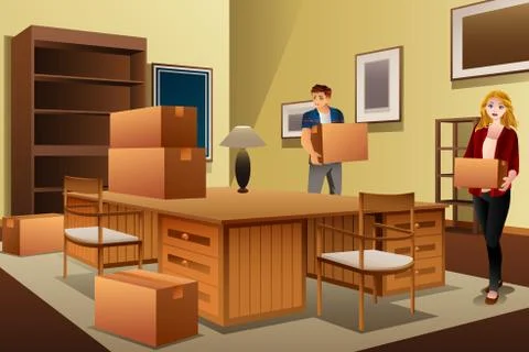 Young Couple Carrying Boxes During House Moving Illustrazione stock