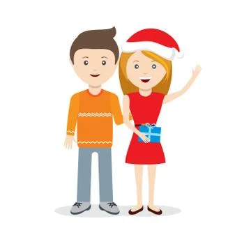 Young couple with Chritmas gift flat characters Stock Illustration