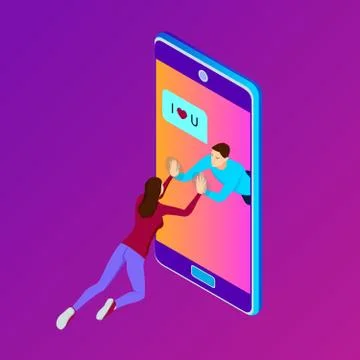Young couple communicate on smartphone, isometric. Stock Illustration