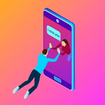 Young couple communicate on smartphone, isometric. Stock Illustration
