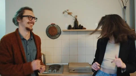 Young couple dance smile on kitchen, brunette woman or girl, man have fun time Video stock 244811523