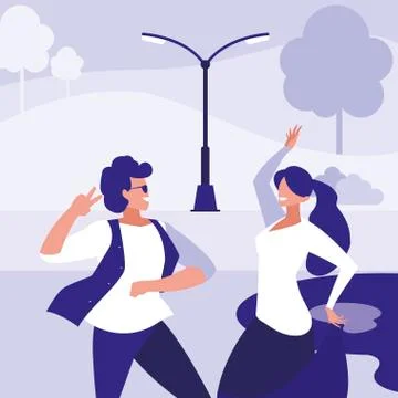 Young couple dancing in the park characters Ilustração Stock