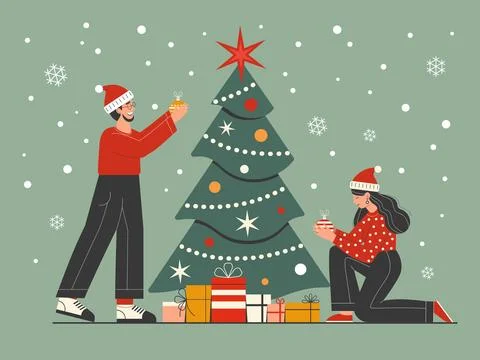 Young Couple Decorating Christmas Tree Stock Illustration
