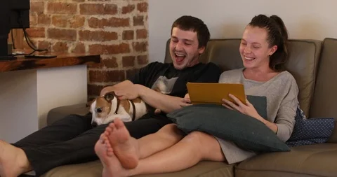 Young couple with dog chatting while sitting sofa Stock Footage 89462995