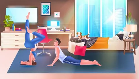 Young couple doing yoga exercise relaxation healthy lifestyle concept bedroom Stock Illustration