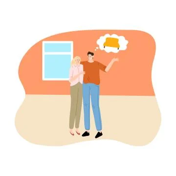 Young couple dreaming about comfortable coach in their new apartment Ilustração Stock