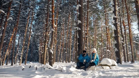Young couple drinking hot tea from a thermos while having rest in winter forest Stock-Footage 86571155