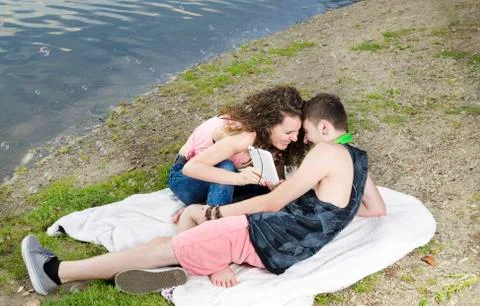 Young couple with electronic device Foto stock