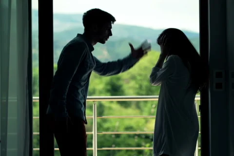 Young couple fighting, arguing on terrace NTSC Stock Footage 51237249