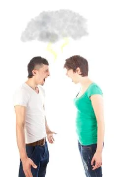 Young couple fighting with dark cloud and thunder isolated on white backgroun Stock Photos