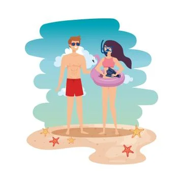 Young couple with float and equipment diving on the beach Illustrazione stock