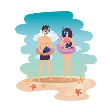 Young couple with float and equipment diving on the beach Stock Illustration