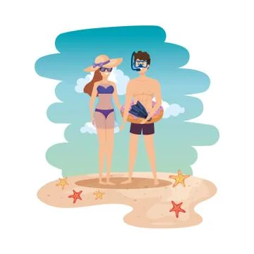 Young couple with float and equipment diving on the beach Stock Illustration