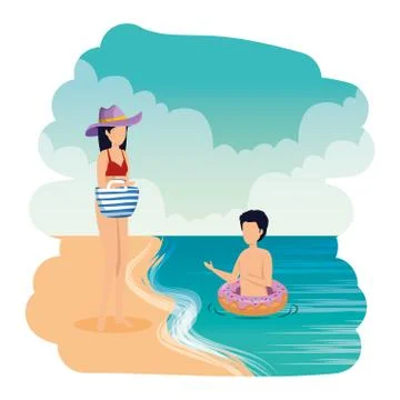 Young couple with float and handbag on the beach Illustration