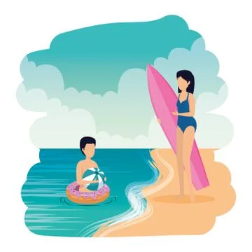 Young couple with float and surfboard on the beach Illustrazione stock