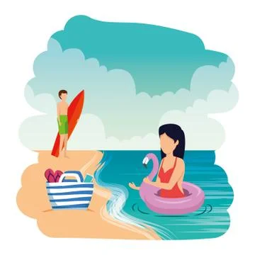 Young couple with float and surfboard on the beach Stock Illustration