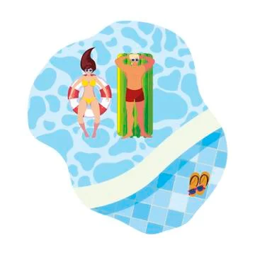Young couple with float mattress in pool Stock Illustration