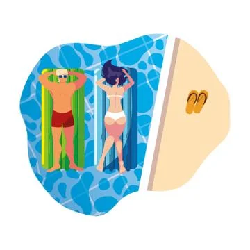 Young couple with float mattress in pool Stock Illustration