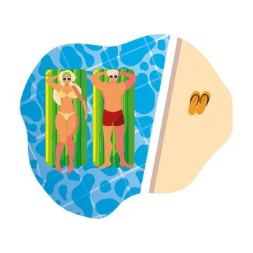 Young couple with float mattress in pool Stock Illustration