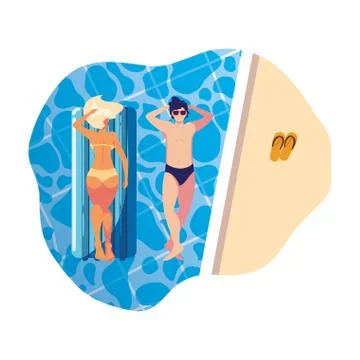 Young couple with float mattress in pool Stock Illustration