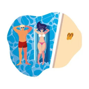 Young couple with float mattress in pool Illustrazione stock