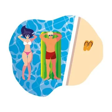 Young couple with float mattress in pool Illustrazione stock