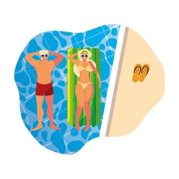 Young couple with float mattress in pool Stock Illustration