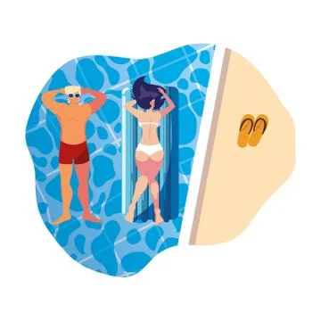 Young couple with float mattress in pool Illustrazione stock