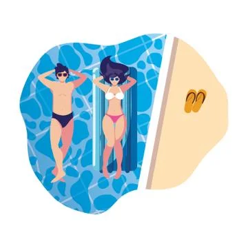 Young couple with float mattress in pool Illustrazione stock