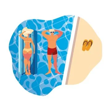Young couple with float mattress in pool Stock Illustration
