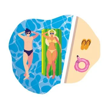 Young couple with float mattress in pool Illustrazione stock