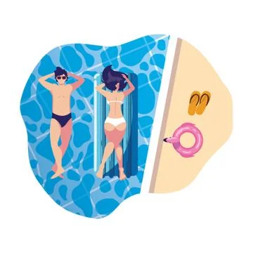 Young couple with float mattress in pool Illustrazione stock
