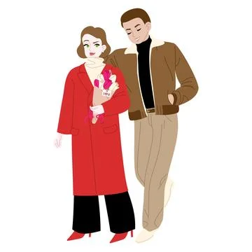 Young Couple with Flowers Flat Vector Illustration, Romantic Love Concept Ilustración de archivo